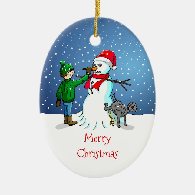 O boneco de neve, menino e cachorro em enfeites de (Frente)