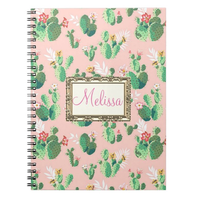 O cacto cor-de-rosa personalizado floresce caderno (Frente)