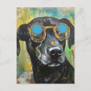 O Cão Preto Fofo de Óculos Colagem Cartão Postal