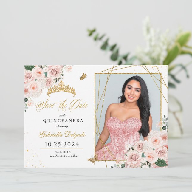 O Cartão com fotos Rosa E Dourado Quinceañera Salv (Em pé/Frente)