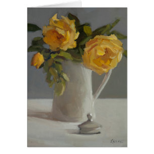 O cartão com rosa amarelo floresce no vaso branco