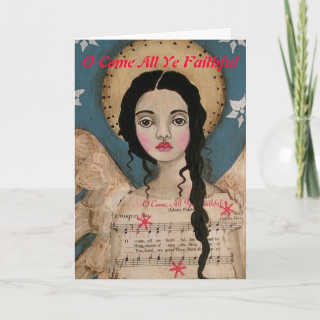 O cartão de Natal O do anjo vem todo o YE fiel (Frente)