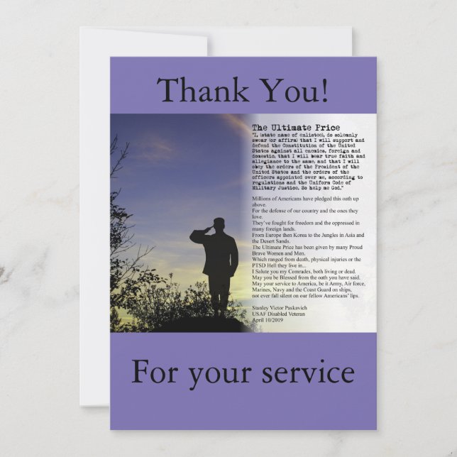 O cartão Ultimate Price Soldier e Veterans (Frente)