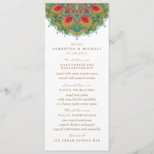 O cartão verde do menu do casamento da mandala