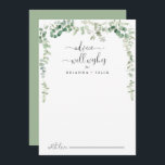 O Casamento Eucalyptus Verde Bem Deseja Um Cartão<br><div class="desc">Este cartão verde de boas intenções de casamento do eucalipto é perfeito para um casamento moderno. O design apresenta galhos e folhas botânicas elegantes e desenhadas a aquarela, desenhadas à mão, adornando quadros geométricos. Estas cartas são perfeitas para um casamento, chá de panela, chá de fraldas, festa de formatura e...</div>