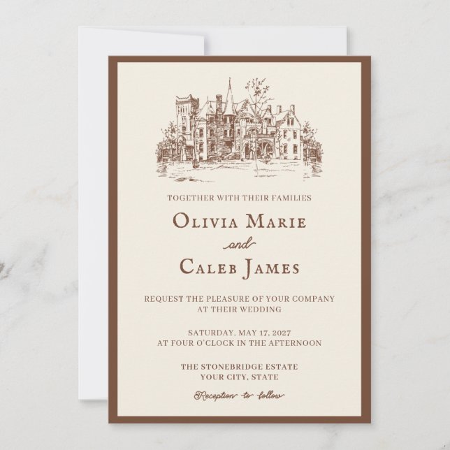 O Castanho: Convite de Casamento Marrom e Marfim (Frente)