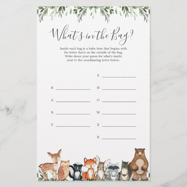 O Chá de fraldas da Woodland adivinha o que há no  (Frente)