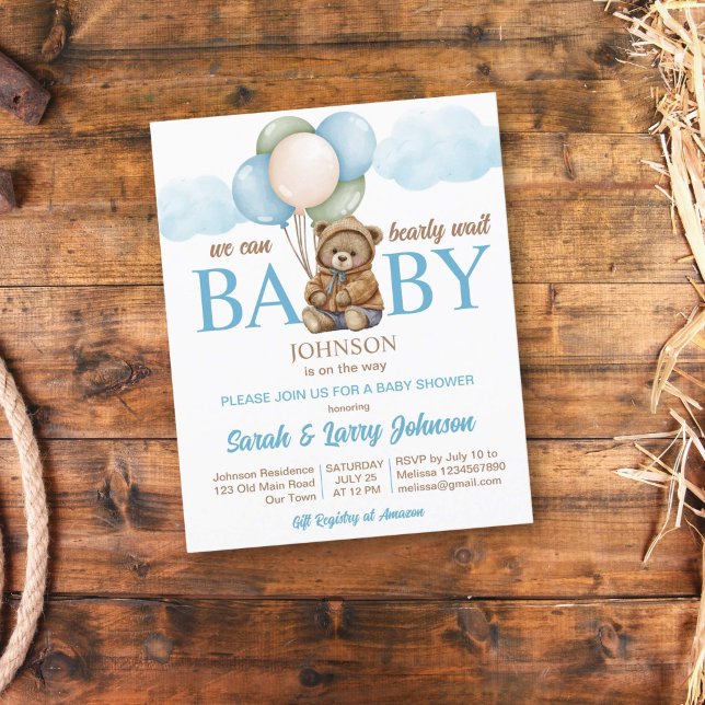 O chá de fraldas do urso Teddy convida à espera (Teddy bear with balloons baby shower budget invitation template cute teddy with balloons brown blue)