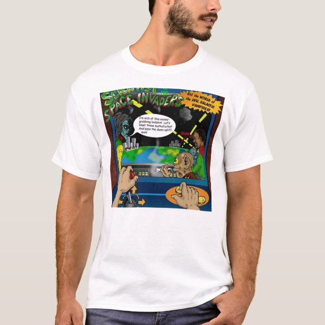 O cientista e as camisas de Spaceinvaders T (Frente)