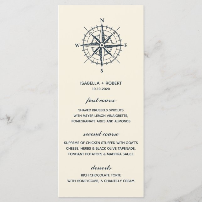 O Compass Azul | Menu de Casamento Náutico (Frente)