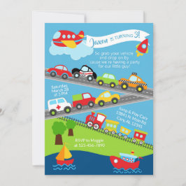 O convite de aniversário de veículos de transporte