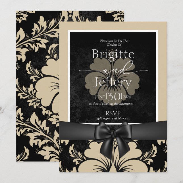 O convite de casamento beige e preto (Frente/Verso)