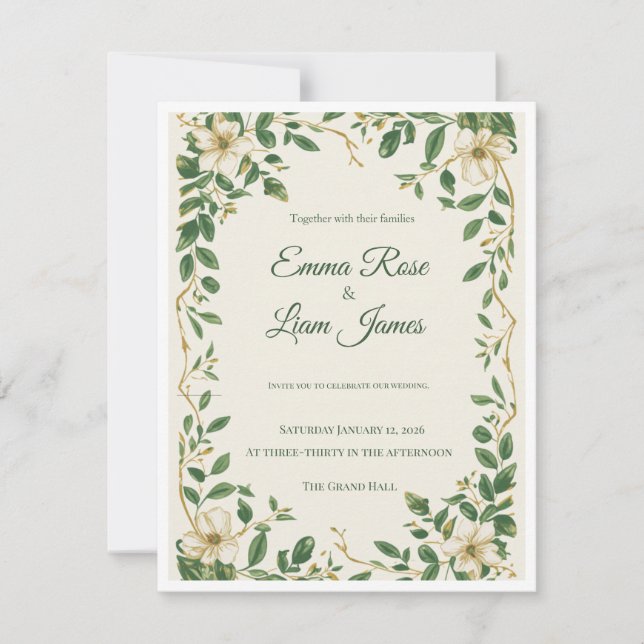 O convite de casamento botânico Jardim Verdejante (Frente)