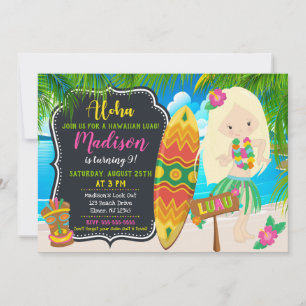 O convite do aniversário de Luau Aloha convida