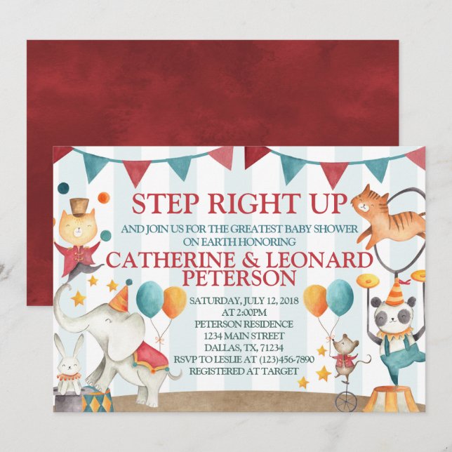 O convite do chá de fraldas do animal de circo (Frente/Verso)