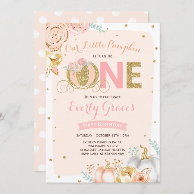 O convite do primeiro aniversario da abóbora cora (Frente/Verso)