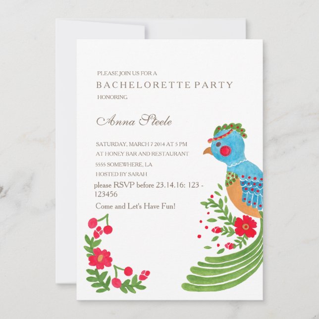 O convite para Festa de solteira Quetzal Azul (Frente)