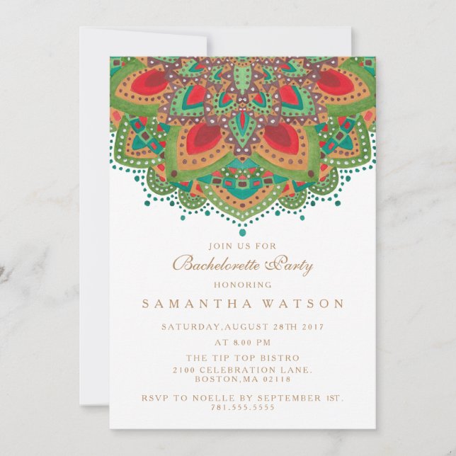 O convite verde da festa de solteira da mandala (Frente)