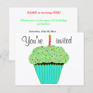 O convite verde do cupcake do primeiro aniversario