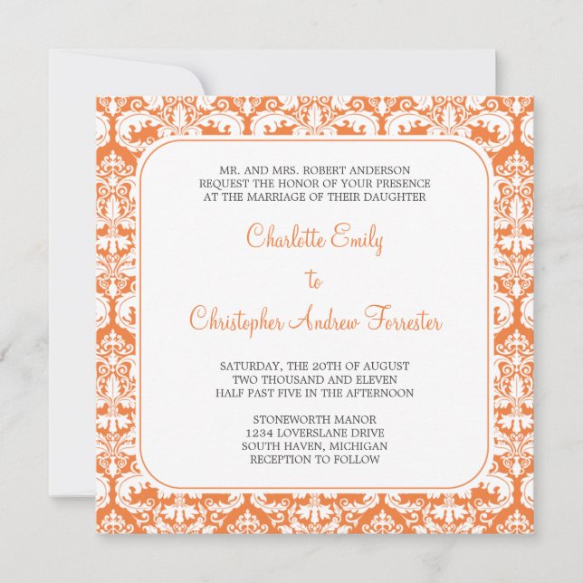 O coral do convite do casamento tema damasco (Frente)