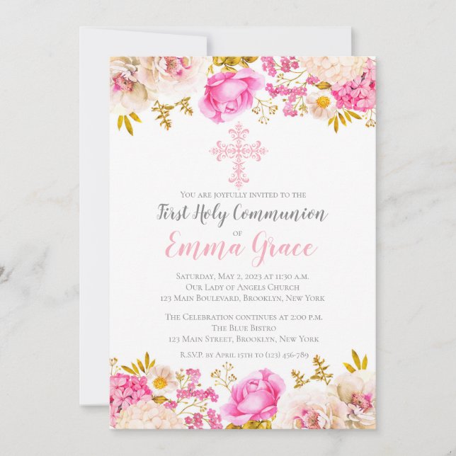 O Elegante Floral Primeiro Sagrado Convite Comunit (Frente)