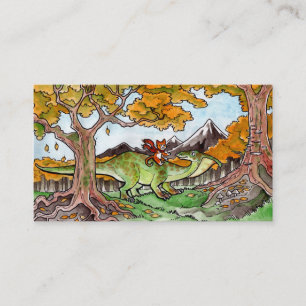 O gato monta um cartão de visita do dinossauro