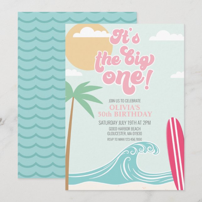 O Grande Convite de Aniversário para a Praia Rosa (Frente/Verso)