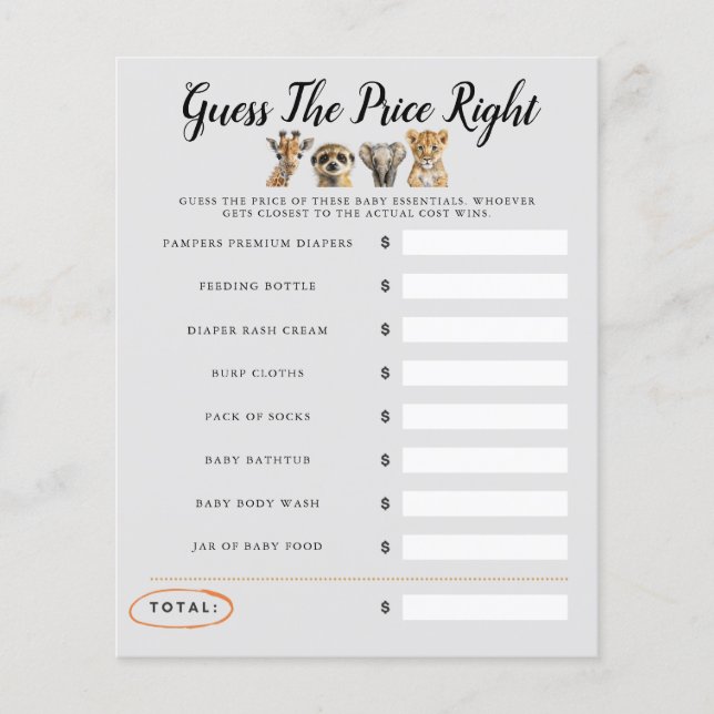O Jogo Do Chá de fraldas Safari Adivinha O Preço (Frente)
