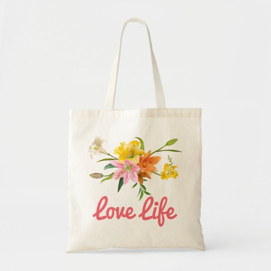 O lírio floral da atitude floresce o rosa, bolsa tote
