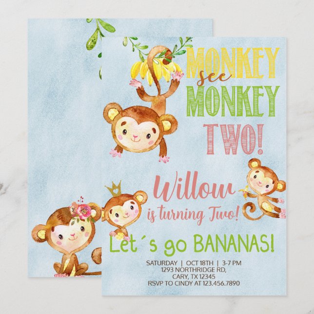 O macaco vê o convite de aniversário de duas rapar (Frente/Verso)