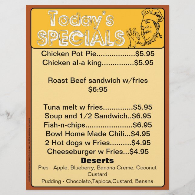 O menu Especiais de Hoje Insere Suprimentos de Res (Frente)