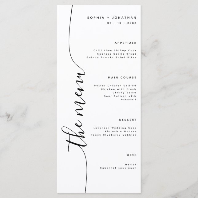 O Menu Vertical Script Elegante Menu de Casamento (Frente)