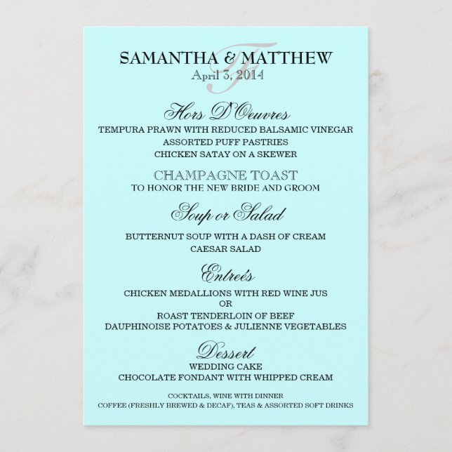O modelo do menu do casamento PERSONALIZA (Frente)