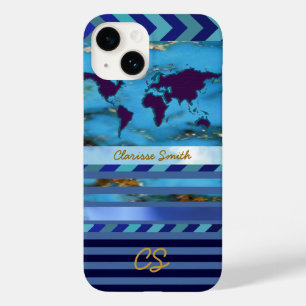 o mundo, listras e nome em azul-turquesa