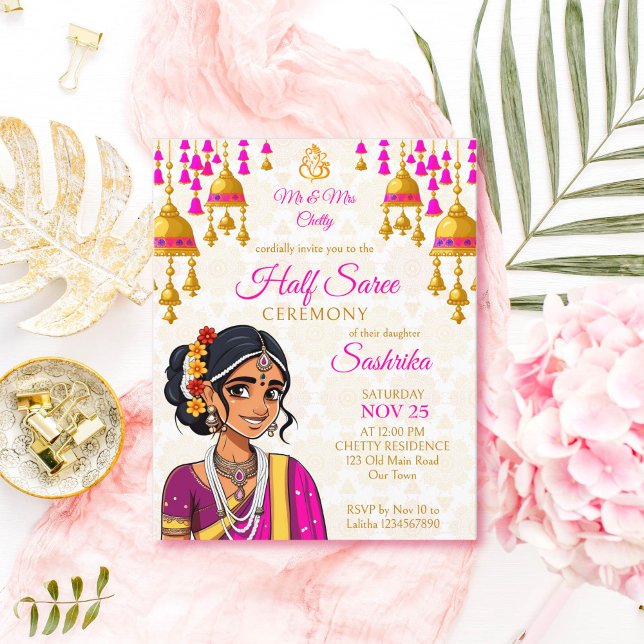 O orçamento da cerimônia de Half Saree convida uma (Half saree ceremony budget invitation template cute Indian girl in a pink sari cartoon gold bells )