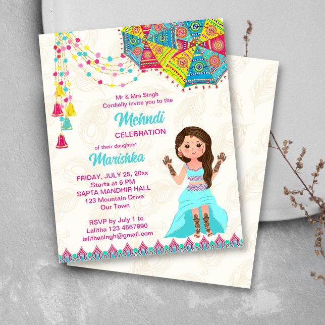 O orçamento do Mehndi convida uma garota indiana r (Mehndi budget invitation template cute Indian bride cartoon character umbrellas decor)