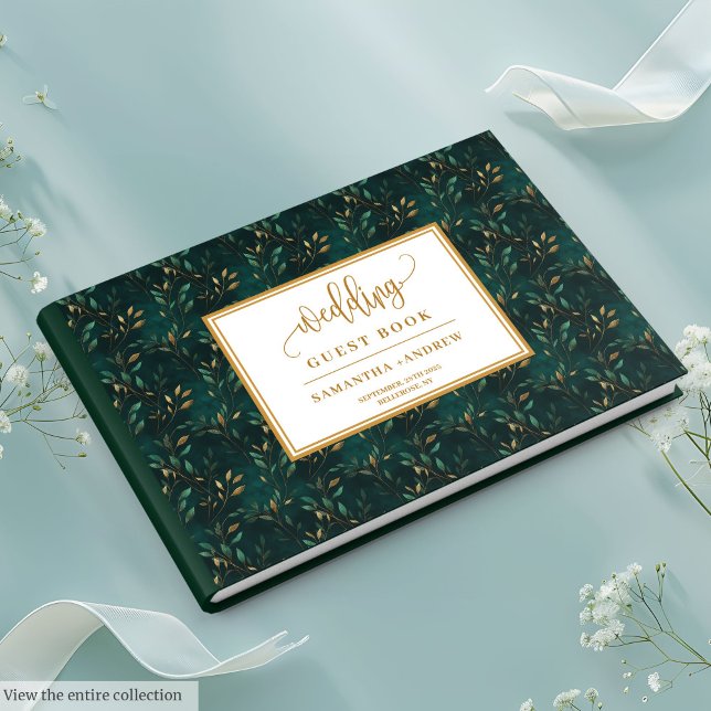 O ouro verde-merald deixa livro de convidados de c (Emerald green gold leaves wedding guest book for love

)