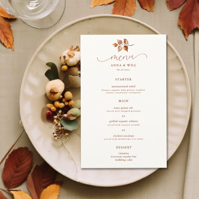 O outono deixa Casamento outono Elegante de Terrac (autumn fall wedding menu terracotta elegant modern calligraphy bohemian chic simple foliage leaves)