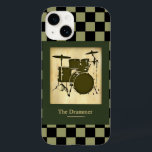 o padrão de xadrez do baterista<br><div class="desc">Um legal design de etiqueta para bateristas, com um padrão de fundo quadrado que você pode mudar a cor</div>