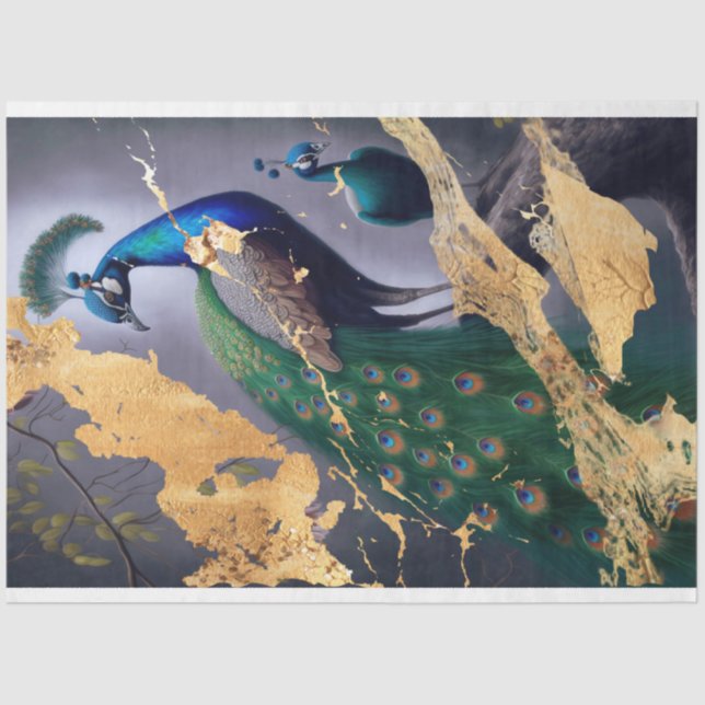 O Papel de Decoupage do Tecido de Peacock do Ouro (Frente )