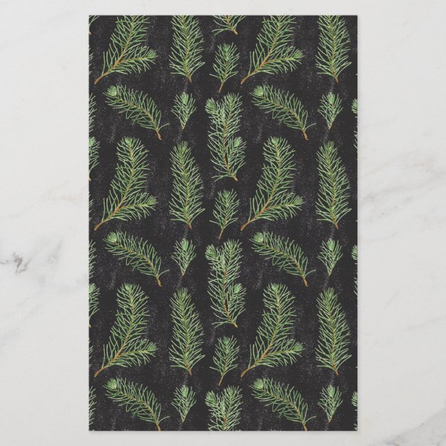 O pinheiro aquarela ramifica em fundo preto. (Frente)