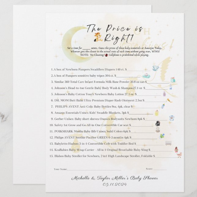 O preço é o jogo certo do Chá de fraldas, são gême (Frente/Verso)