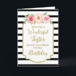 O preto floral do vintage listra o cartão de<br><div class="desc">Cartão de aniversário para a irmã com as flores da aguarela do rosa e do pêssego do vintage,  as listras preto e branco,  quadro rústico do ouro,  texto escrito à mão rústico do estilo e verso pensativo.</div>