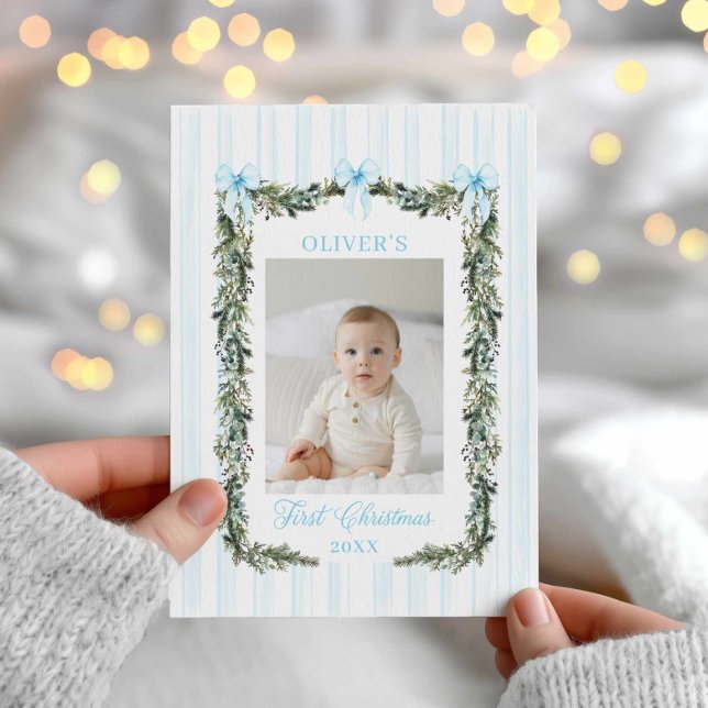 O primeiro Cartão com fotos de Natal do Baby Boy (Elegant Blue Photo First Christmas Card)