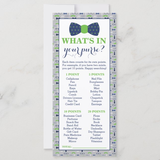 O que há na sua bolsa? Jogo do chá de fraldas, Hom (Frente)