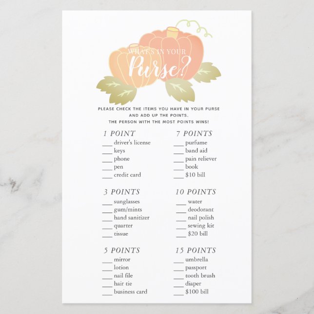 O que há no Jogo do Chá de fraldas de Abóbora da B (Frente)