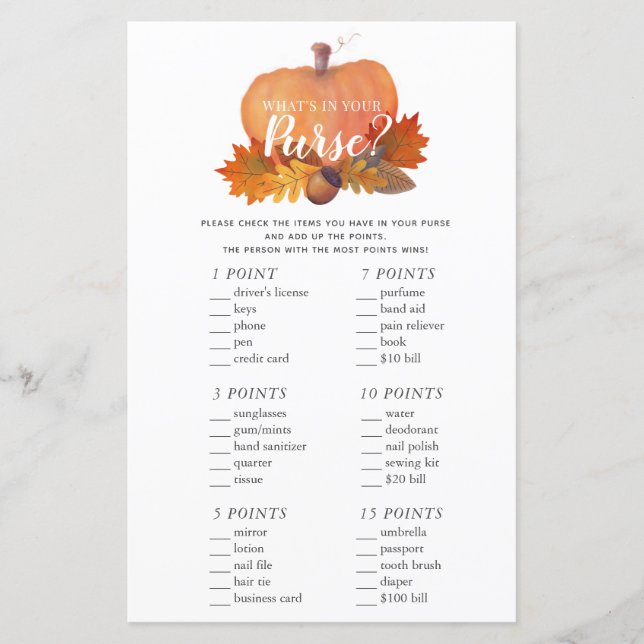 O que há no Jogo do Chá de fraldas de Abóbora da B (Frente)