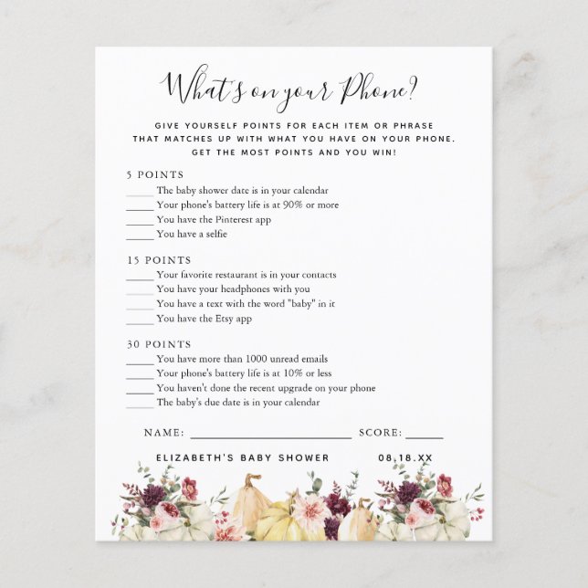 O que há no seu telefone | Jogo Chá de fraldas (Frente)