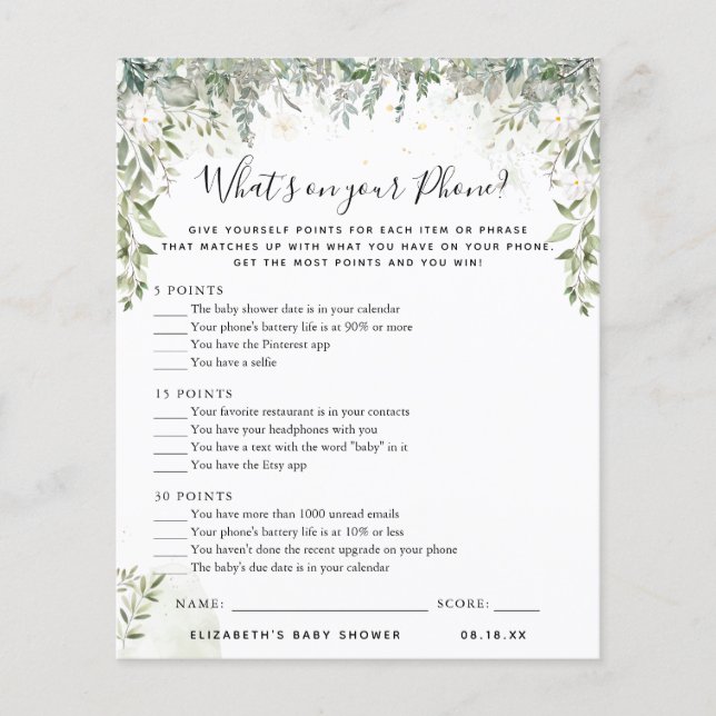 O que há no seu telefone | Jogo Chá de fraldas (Frente)