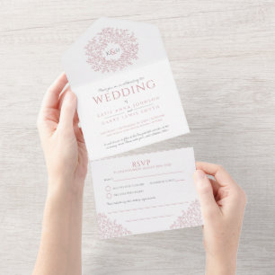O rosa poeirento branco de casamento deixa RSVP Tu